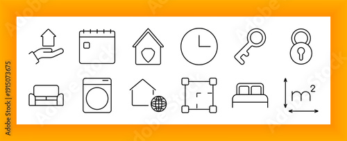 Real estate and housing set icon. Includes house, calendar, key, sofa, washer, padlock, clock, bed, shield, lock, washing machine, and square dimension icon
