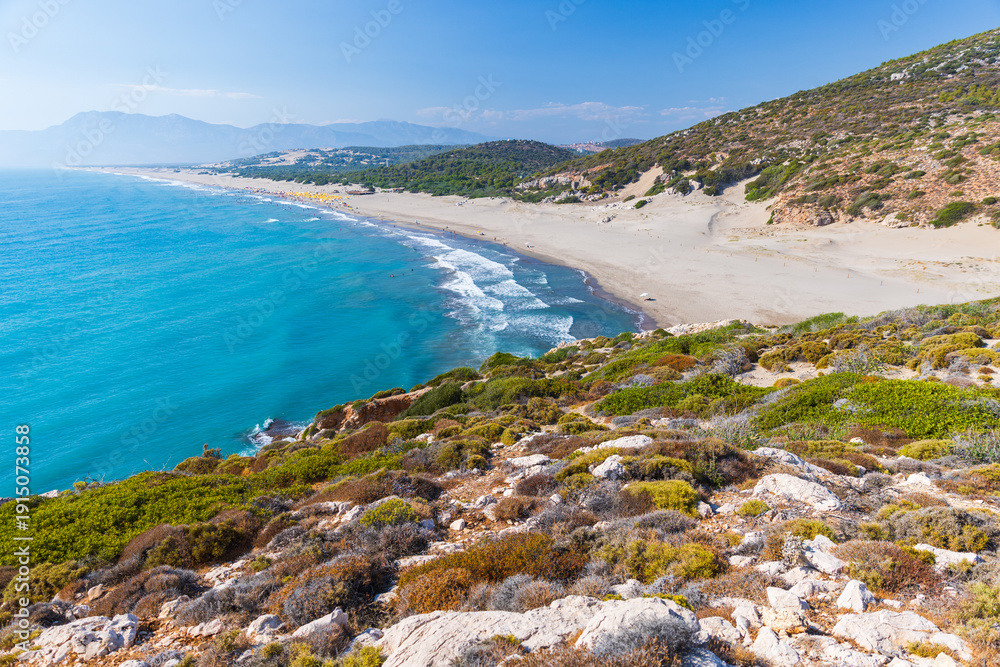 Naklejka premium Patara beach aerial view, natural photo taken on a sunny summer day. This beach is located near the ancient Lycian city of Patara in Turkey