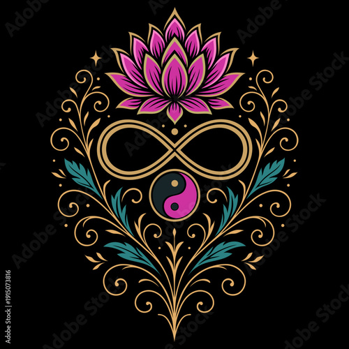 Lotusblume mit Unendlichkeitsschleife und Yin Yang Symbol. Spirituelle Vektor Illustration für Meditation und Yoga.