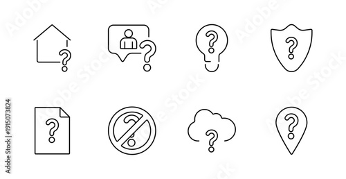 Missing info set icon. House, chat bubble, lightbulb, shield, file, no entry, cloud, pin with question showing unknown location, doubt, danger, protection, mystery.