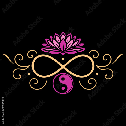 Lotus mit Unendlichkeitsschleife und Yin Yang - Spirituelles Vektor Symbol