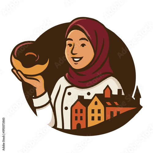 Yeh ek creative illustrated logo hai jismein hijab pehni hui muskurati ladki apne haath par billi ko pyaar se pakre hue hai. Neeche chhote gharon ka design community aur warmth ko represent karta hai.
