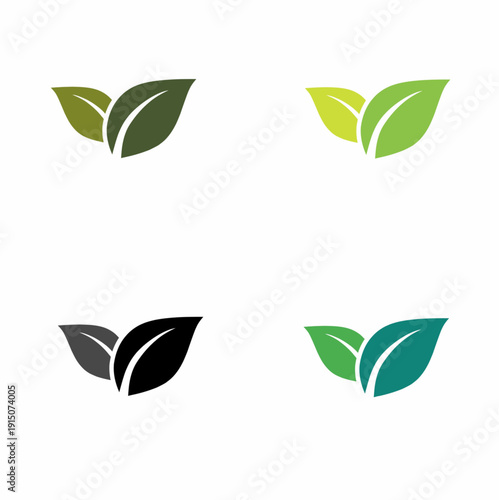 Set of four minimalist green leaf icons representing nature and ecology. Modern organic shapes for eco-friendly branding.