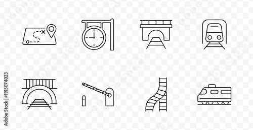 Railway transport set icon. Line icons showing map, station clock, bridge, train front, tunnel, barrier gate, track curve, and side-view train