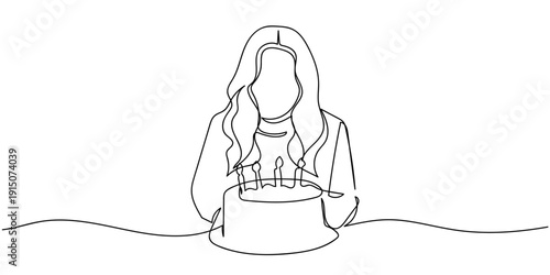 Single continuous line art style: A woman is blowing out candles on a birthday cake. Line art Illustration Editable stroke.