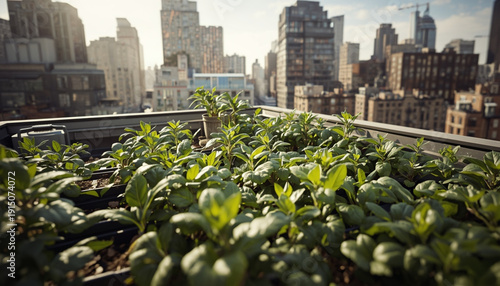 Lush rooftop garden in modern cityscape with green plants