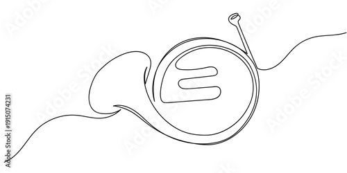 Single continuous line art style musical instrument: French Horn Line art Illustration Editable stroke.