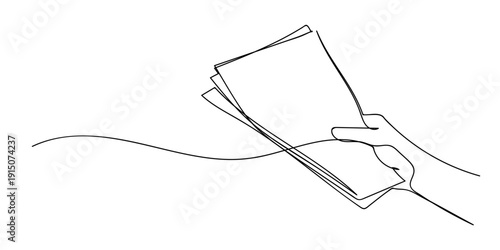 Single continuous line art style: Hand holding documents. Line art Illustration Editable stroke.