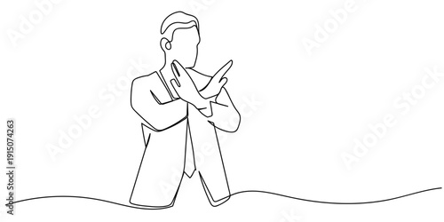 Single continuous line art style: A businessman raises his hand in refusal. Line art Illustration Editable stroke.