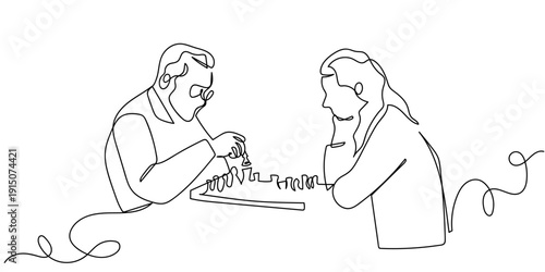 Single continuous line art style: A man and a woman are playing chess. Line art Illustration Editable stroke.