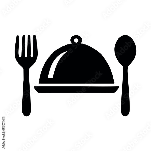 Restaurant Food Service Icon with Fork Spoon and Cloche Silhouette