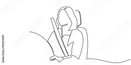 Single continuous line art style: Woman driving a car wearing a seatbelt. Line art Illustration Editable stroke.
