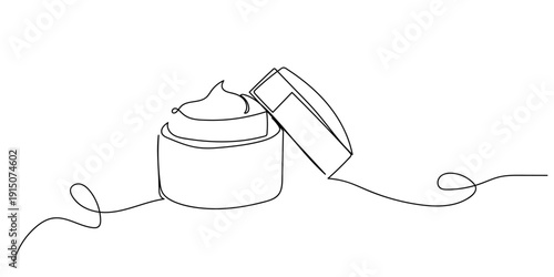 Single continuous line art style, skin cream jar with an open lid. Line art Illustration Editable stroke.