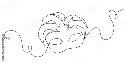 Single continuous line art style, fancy mask with feathers on top. Line art Illustration Editable stroke.