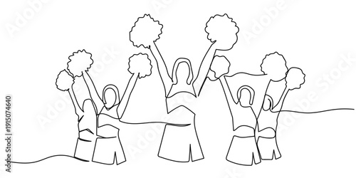 Single continuous line art style - Group of cheerleaders Line art Illustration Editable stroke.