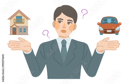 資産形成について考えるスーツ姿の男性のイラスト