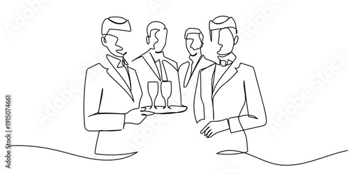 Single continuous line art style: Flight attendant serving food. Line art Illustration Editable stroke.