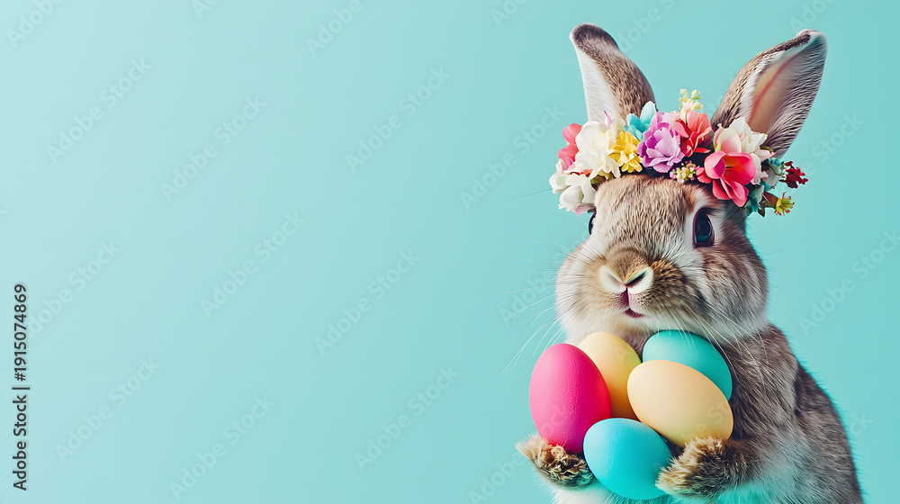 Fototapeta premium Cute bunny with a flower wreath and Easter eggs in its paws against a blue background — a studio portrait, spring decor, a clean composition, space for text