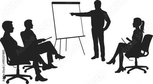 Business team meeting presentation silhouette, manager pointing at flip chart isolated on white background corporate training illustration