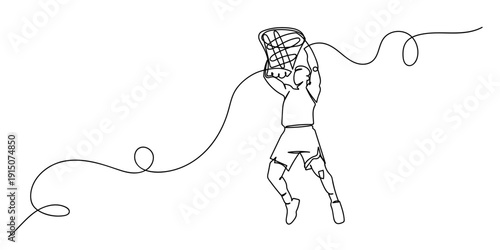 Single continuous line art style: Basketball player jumping and scratching the hoop. Line art Illustration Editable stroke.