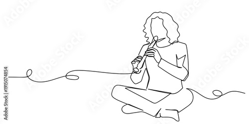 Single continuous line art style: Person sitting and playing a flute. Line art Illustration Editable stroke.