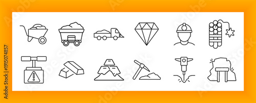 Mining set icon. Wheelbarrow, ore carts, trucks, diamond, miner, dynamite, weight scale, gold bars, pickaxe, jackhammer, and tunnel visuals for excavation and mineral extraction.