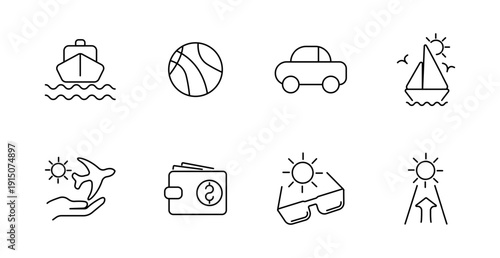 Vacation and travel set icon. Cruise ship, beach ball, car, sailboat, airplane with sun, wallet, sunglasses, sunny path, summer icons