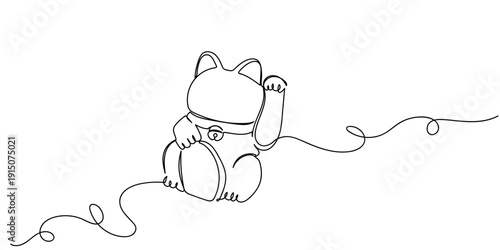 Single continuous line art style lucky cat figurine Line art Illustration Editable stroke.