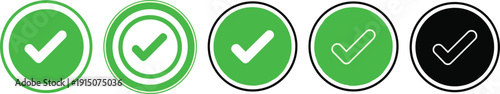 Check mark icons set featuring green and black circular tick symbols for web interface design task completion verification and approval.