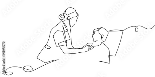 Single continuous line art style: A nurse is checking heart signs. Line art Illustration Editable stroke.
