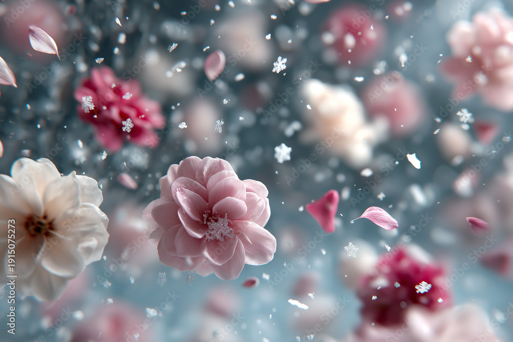 Fototapeta premium Floating pink flowers and white snowflakes on soft blue blurred background