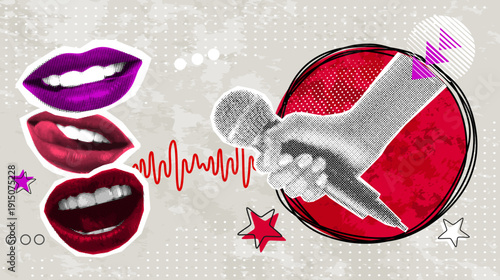 Trendy Halftone Collage mouths and microphone in hand. Collage banner would be fine for interview, podcast, news, public speaker or karaoke and singing.Halftone open mouth and mic. Vector illustration