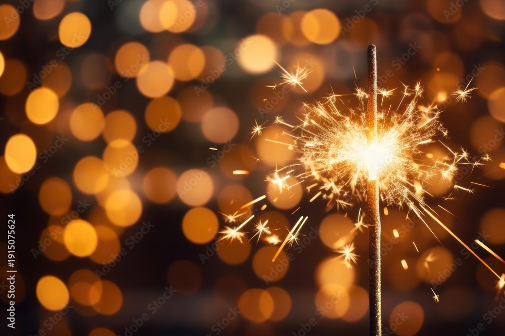 Obraz premium Sparkler burning with golden sparks and defocused lights creating a festive atmosphere