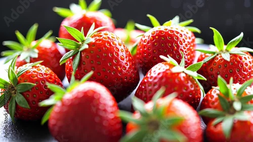 Extreme closeup of fresh ripe strawberries covered in glistening water droplets resting on a dark slate surface with soft studio lighting