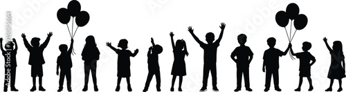 Children silhouettes celebrating with balloons, happy kids standing and raising hands isolated on white background, playful vector illustration