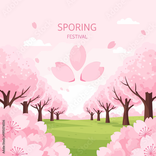A vibrant illustration of a spring festival with abundant pink cherry blossom trees, falling petals, and a grassy path under a soft pink sky.
