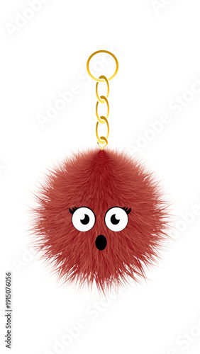 Cute Surprised Furry Monster Character Keychain with Big Eyes and Golden Chain