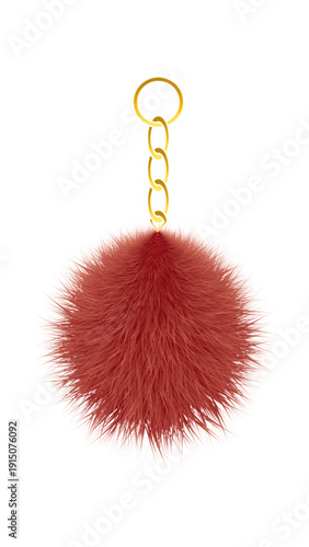 Realistic Fluffy Fur Pom Pom Keychain with Golden Chain Isolated on White Background