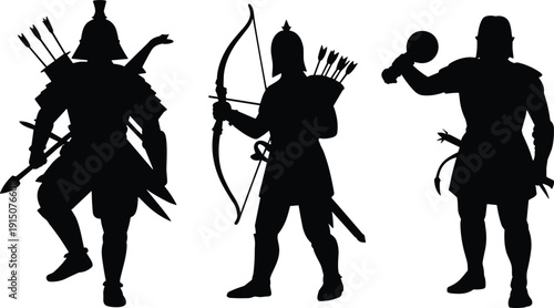 Ancient warrior silhouettes set with archer, swordsman and gladiator in black style, medieval fighter vector collection isolated on light background