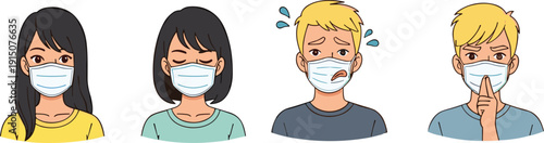 Masked character illustration, cartoon emotion set, face mask expressions, health safety vector, diverse reaction design, pandemic behavior artwork
