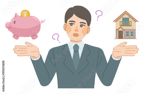 スーツ姿の男性が、住まいにかかる費用を考えているイラスト