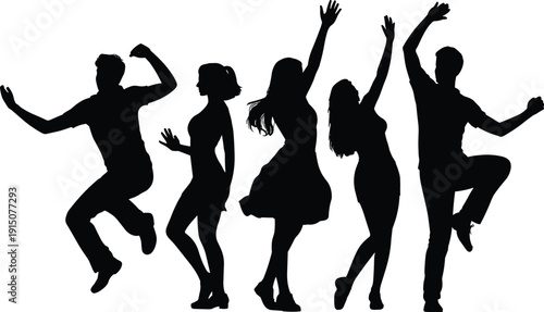 Dancing people silhouettes in energetic poses, party and celebration concept isolated on white background illustration