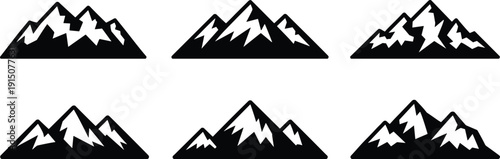 Black mountain silhouette icon collection, minimalist snowcapped alpine peaks vector set isolated on light background for outdoor adventure branding and landscape design