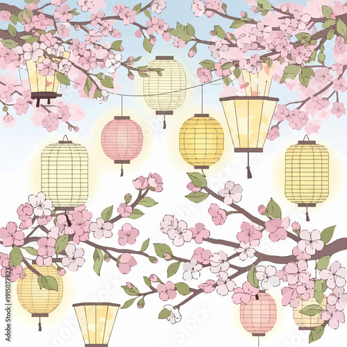 Illustrative scene of delicate pink cherry blossoms adorning branches with various glowing traditional Japanese lanterns hanging against a soft blue sky.