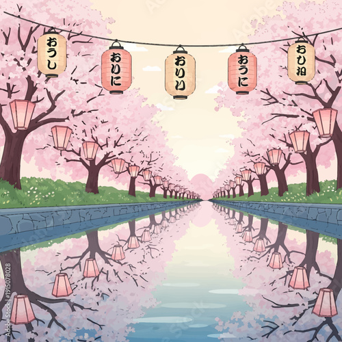 A picturesque canal lined with blooming cherry blossom trees and illuminated lanterns, reflecting in the water.