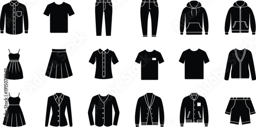 Clothing fashion icon set in black silhouette style featuring shirts, dresses, jackets, hoodies, pants and shorts isolated on light background