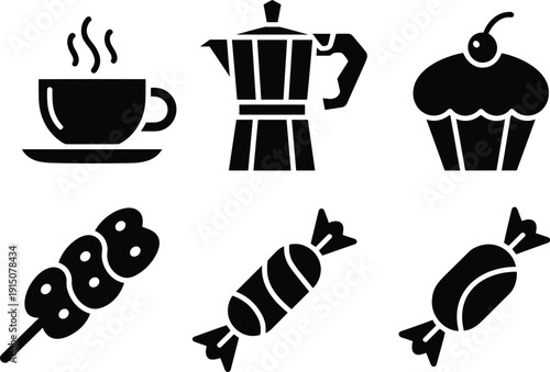 Coffee and dessert icon set in black silhouette style, cup, moka pot, cupcake, cake pop and wrapped candies vector collection isolated background