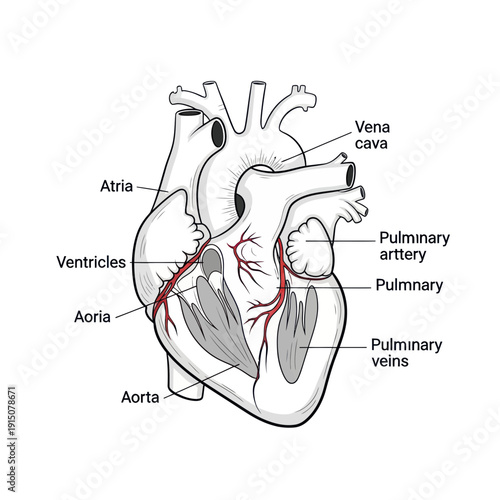 Anatomical illustration of the human heart with labels for major parts.