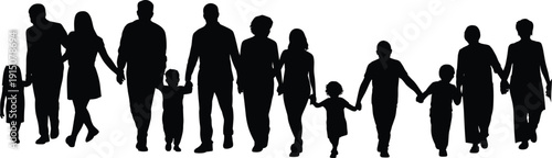 Family silhouettes holding hands walking together, parents and children unity concept isolated on white background illustration
