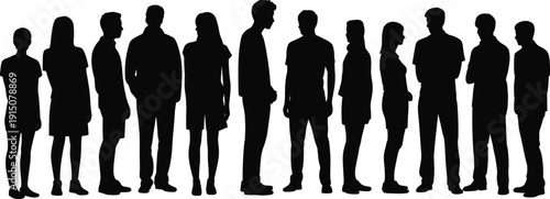 Group of diverse people standing together, human silhouettes isolated on white background community and teamwork concept illustration